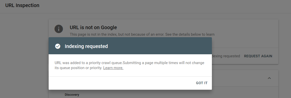 Proses Request indexing di google search console berhasil Proses Request indexing di google search console berhasil