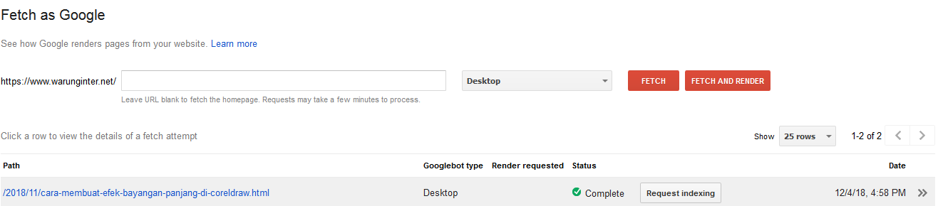 Proses Request indexing di webmaster tools Proses Request indexing di webmaster tools