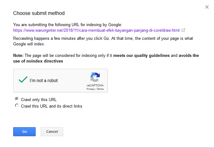 Proses Request indexing di webmaster tools Proses Request indexing di webmaster tools